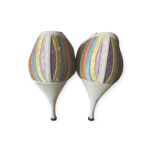 Vintage 1950s David Evins Rainbow Striped Pumps 50s 60s Heels Size 7 AAAA Narrow - Picture 7 of 13
